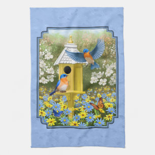 Bluebirds and Hexagon Birdhouse Blue Tea Towel