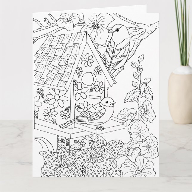 Bluebirds and Hollyhock Color-It-Yourself Card (Front)