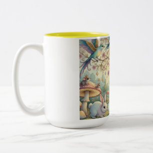 Bluebirds and Rabbits in a Dream Garden Two-Tone Coffee Mug