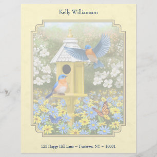Bluebirds and Round Birdhouse Yellow Customized Letterhead