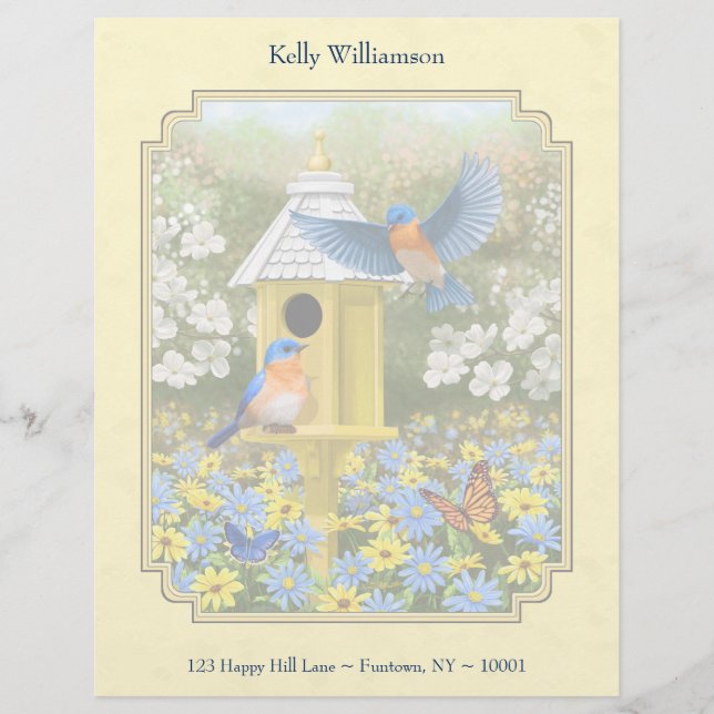 Bluebirds and Round Birdhouse Yellow Customized Letterhead (Front)