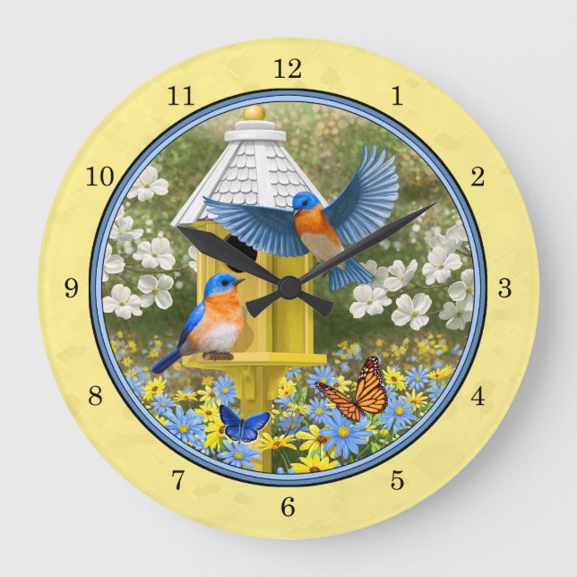 Bluebirds and Round Birdhouse Yellow Large Clock (Front)