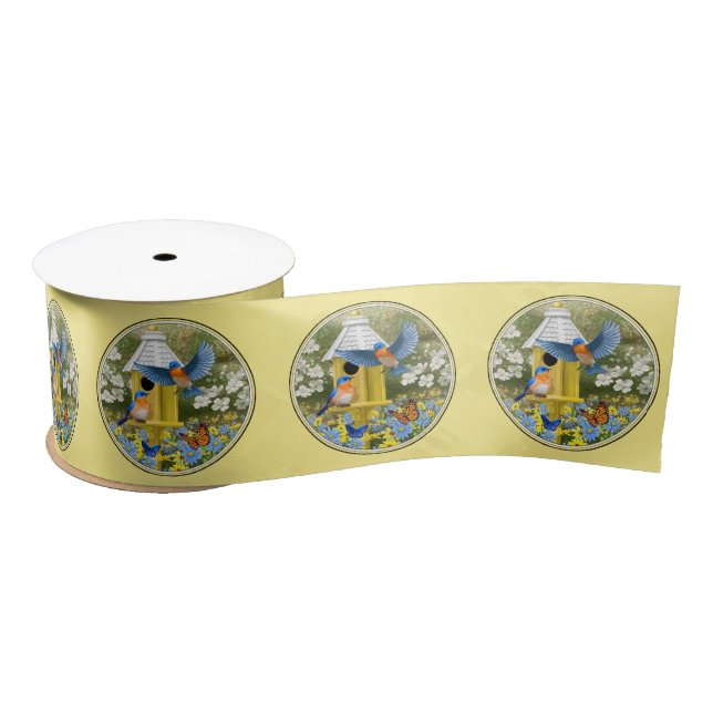 Bluebirds and Round Birdhouse Yellow Satin Ribbon (Spool)