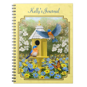 Bluebirds and Round Birdhouse Yellow Spiral Notebook