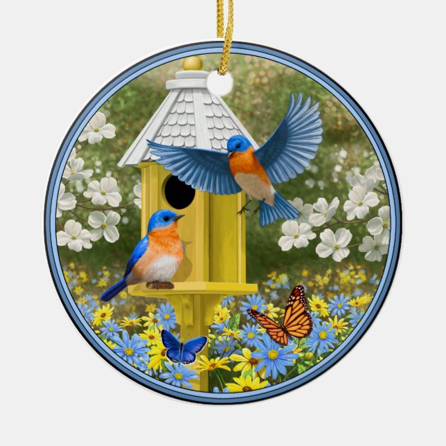 Bluebirds and Tall Yellow Birdhouse Ceramic Tree Decoration (Front)