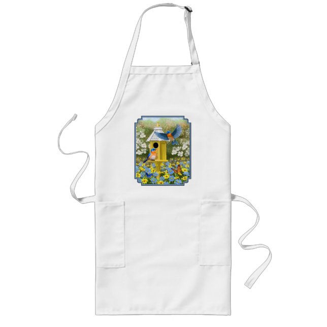 Bluebirds and Tall Yellow Birdhouse Long Apron (Front)
