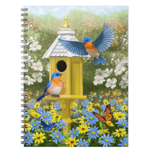 Bluebirds and Tall Yellow Birdhouse Spiral Notebook