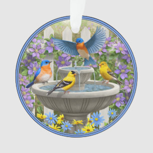 Bluebirds Goldfinches and Fountain Birdbath Ornament