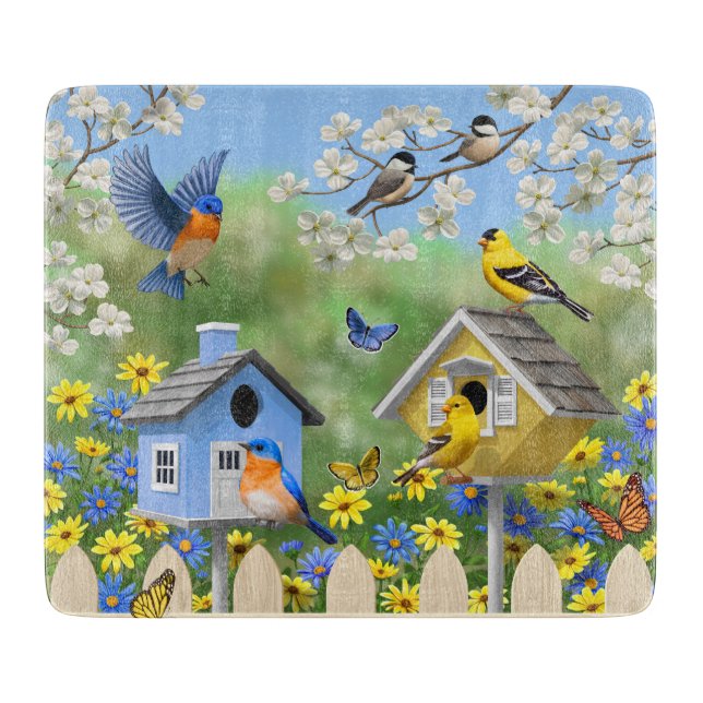 Bluebirds Goldfinches Birdhouses Flower Garden Cutting Board (Front)