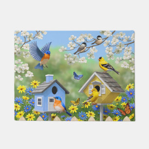 Bluebirds Goldfinches Birdhouses Flower Garden Doormat