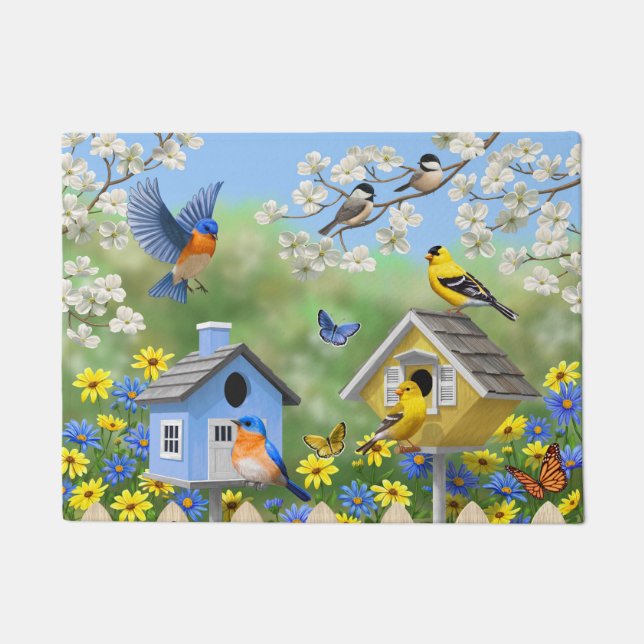 Bluebirds Goldfinches Birdhouses Flower Garden Doormat (Front)
