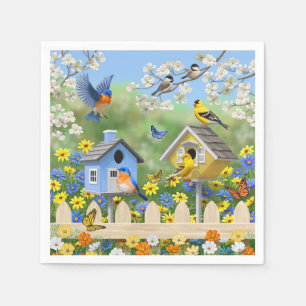 Bluebirds Goldfinches Birdhouses Flower Garden Napkin