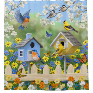 Bluebirds Goldfinches Birdhouses Flower Garden Shower Curtain