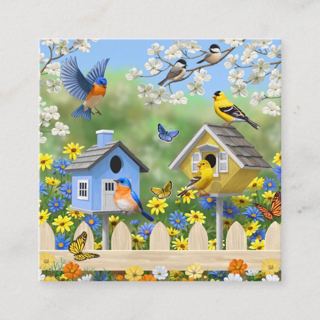 Bluebirds Goldfinches Birdhouses Flower Garden Square Business Card (Front)