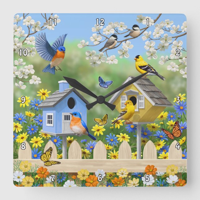 Bluebirds Goldfinches Birdhouses Flower Garden Square Wall Clock (Front)
