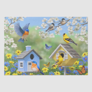 Bluebirds Goldfinches Birdhouses Flower Garden Tissue Paper