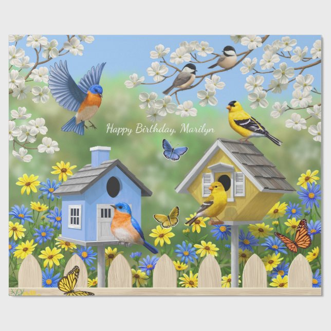 Bluebirds Goldfinches Birdhouses Flower Garden Wrapping Paper (Flat)