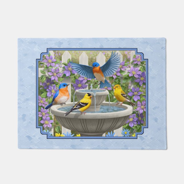 Bluebirds Goldfinches Flower Garden Fountain Blue Doormat (Front)