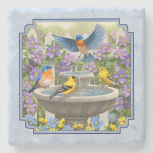 Bluebirds Goldfinches Flower Garden Fountain Blue Stone Coaster