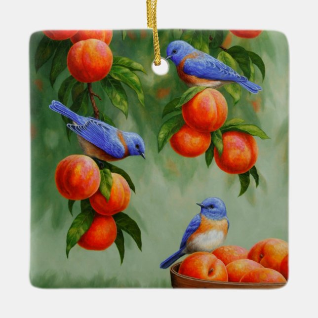 Bluebirds in a Peach Tree Orchard Ceramic Ornament (Front)