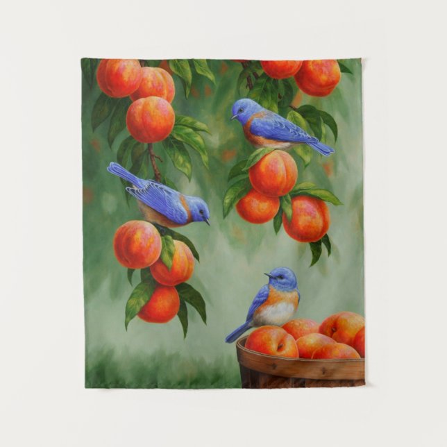 Bluebirds in a Peach Tree Orchard Tapestry (Front)