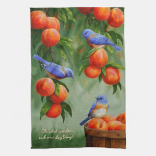 Bluebirds in a Peach Tree Orchard Tea Towel
