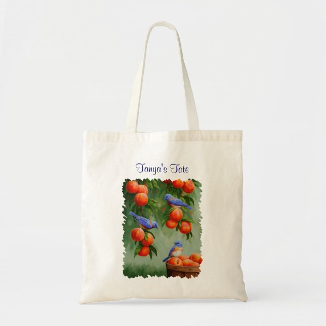 Bluebirds in a Peach Tree Orchard Tote Bag (Front)
