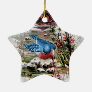 Bluebirds in Winter Vintage Christmas Ceramic Tree Decoration