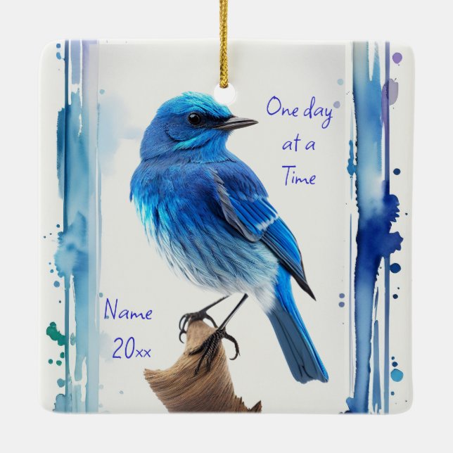 Bluebirds, Motivational, One day at a Time Quote Ceramic Ornament (Back)