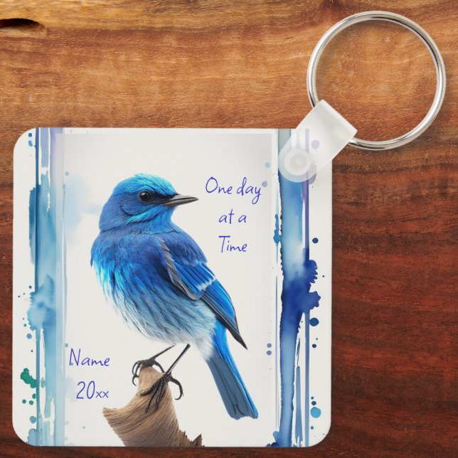 Bluebirds, Motivational, One day at a Time Quote Key Ring (Back)