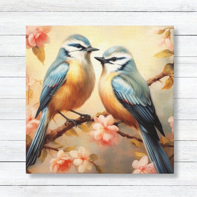Bluebirds on Cherry Blossom Nature Lover Canvas Print (Bluebirds on Cherry Blossom Branches - Nature Lovers Wall Art Decor - Oil Painted Style)