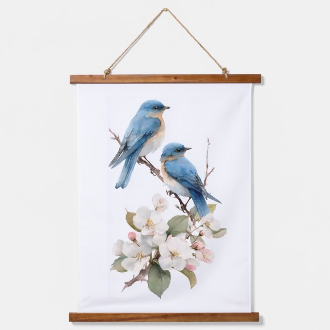 Bluebirds On Cherry Blossoms Hanging Tapestry (Front)