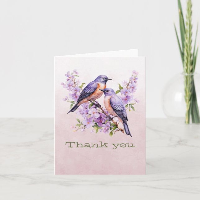 Bluebirds On Flowers Green Note Card (Front)