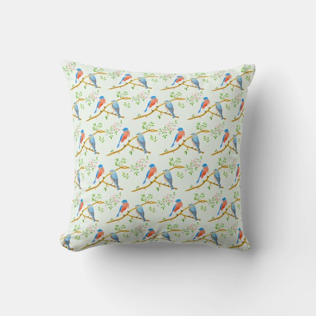 Bluebirds Pale Green Throw Pillow (Front)