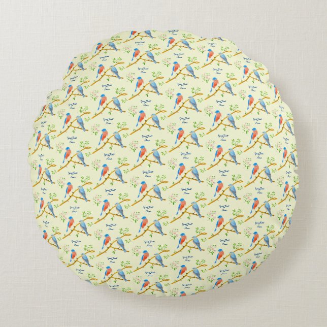 Bluebirds Round Pillow With Text Pale Yellow (Front)