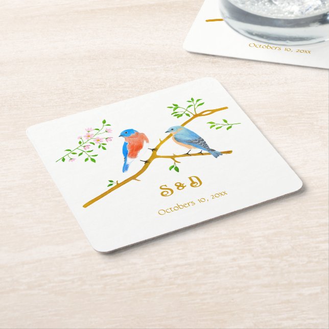Bluebirds Wedding  Square Paper Coaster (Angled)