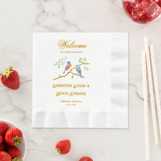 Bluebirds White Coined Wedding Napkins (Insitu)