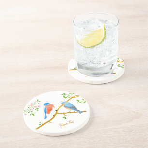 Bluebirds White Sandstone Round Coaster
