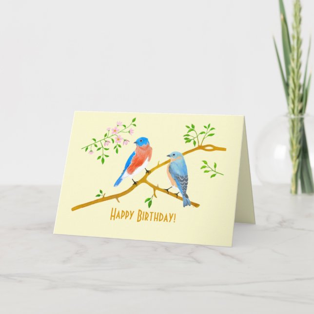 Bluebirds Yellow Folded Birthday Card (Front)