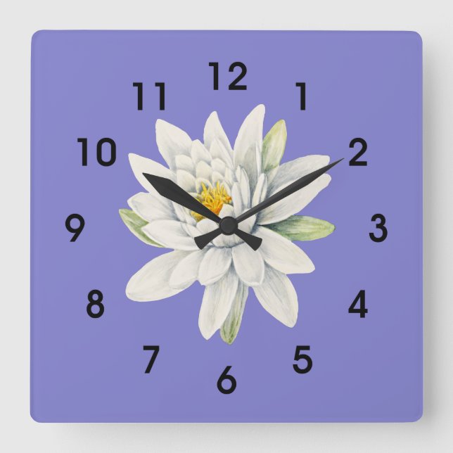 Bluebonnet Bluish-Purple, white waterlily, Square Wall Clock (Front)