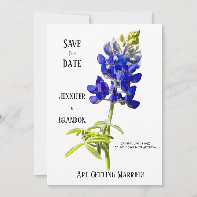 Bluebonnet Floral on White, Wedding Save the Date, Invitation (Front)
