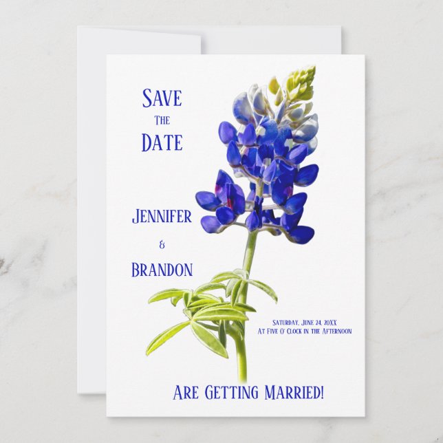 Bluebonnet Floral on White, Wedding Save the Date, Invitation (Front)
