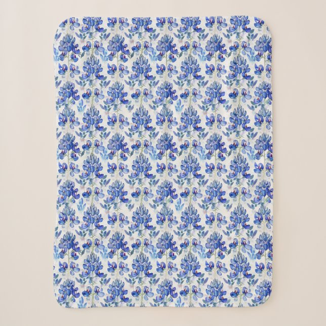 Bluebonnet Floral Pattern Blue and White Sherpa Blanket (Front)