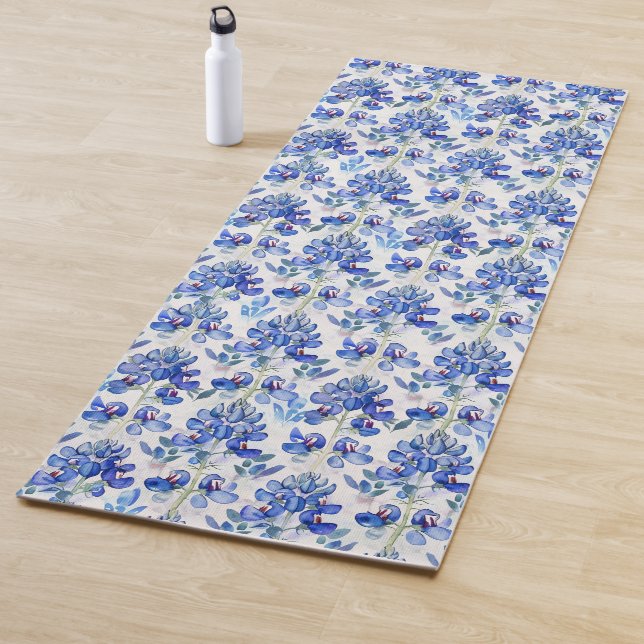 Bluebonnet Floral Pattern Blue and White Yoga Mat (In Situ)