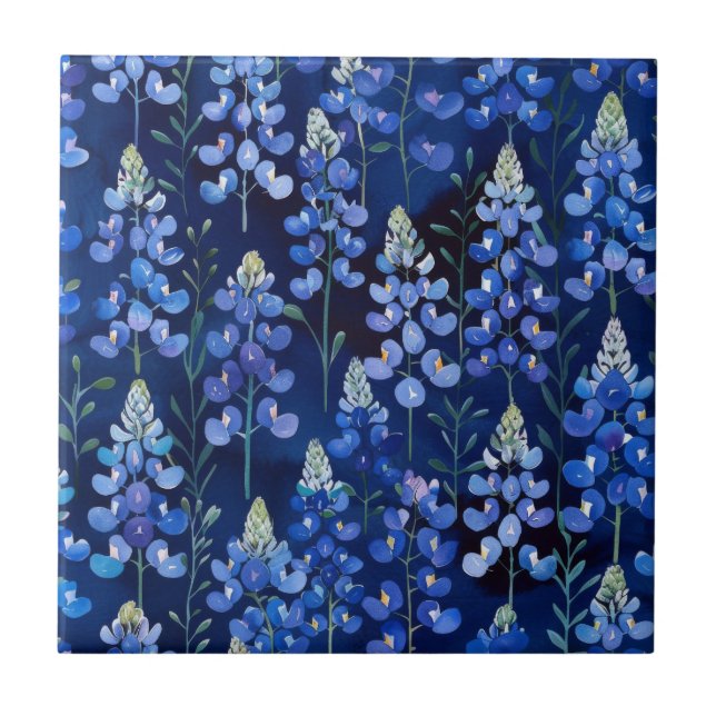 Bluebonnet Wildflower Pattern, Dark Blue Floral  Tile (Front)