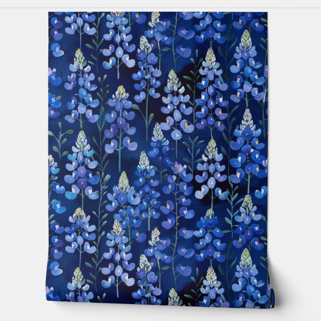 Bluebonnet Wildflower Pattern, Dark Blue Floral Wallpaper (Unrolling)
