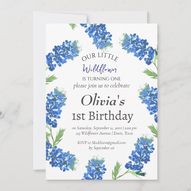 Bluebonnets 1st First Birthday Blue Floral  Invitation (Front)
