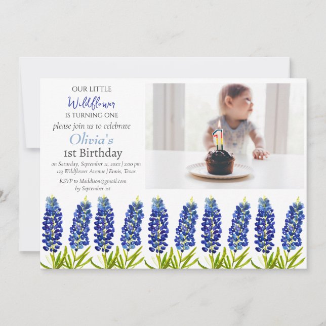Bluebonnets 1st First Birthday Girl Photo Floral  Invitation (Front)