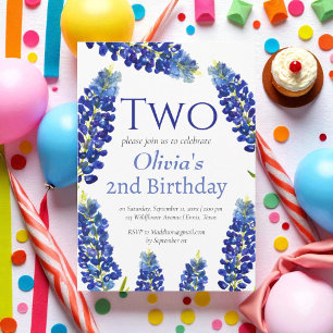 Bluebonnets 2nd Birthday Blue Floral  Invitation