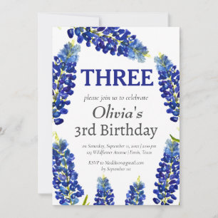 Bluebonnets 3rd Third Birthday Blue Floral  Invitation
